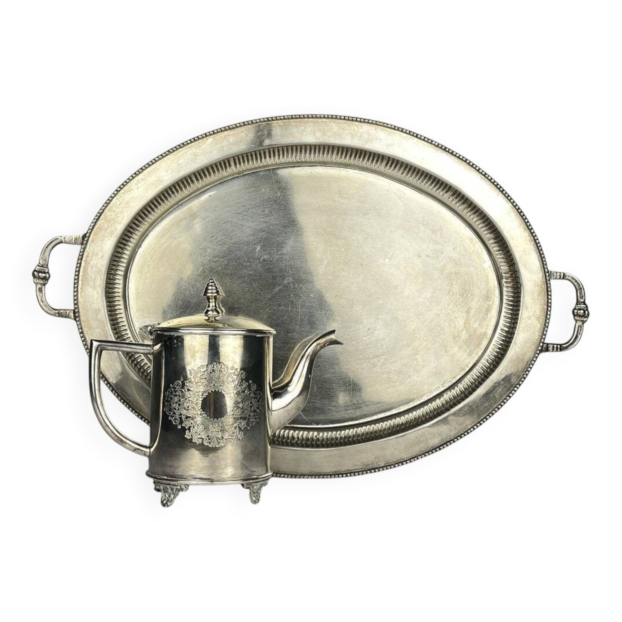 Vintage teapot and tray in solid silver by Royal Sheffield, England, 1950s, Set of 2.