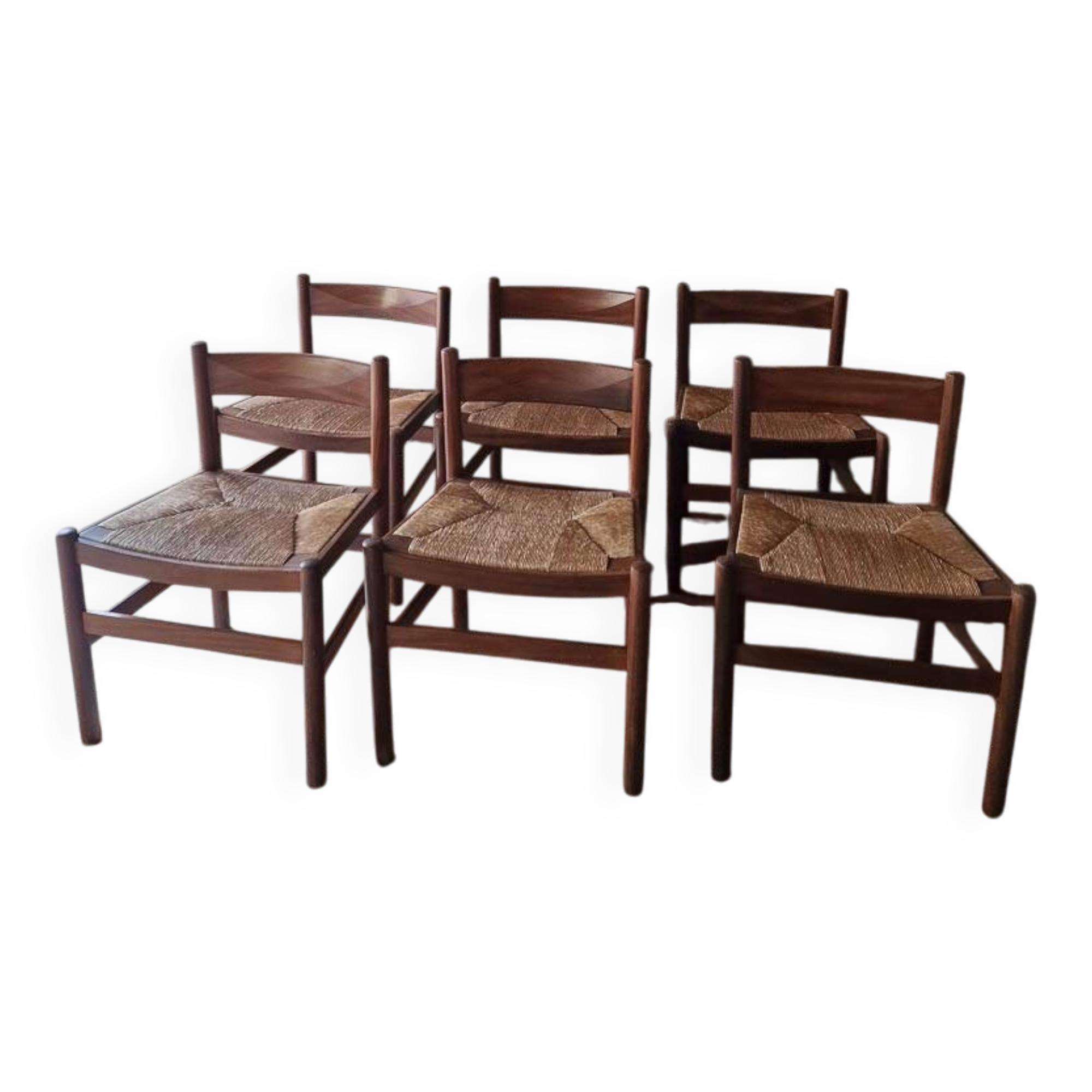 Chaises de salle à manger rustiques en teck et jonc de style français du milieu du siècle (x6)