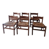 Chaises de salle à manger rustiques en teck et jonc de style français du milieu du siècle (x6)