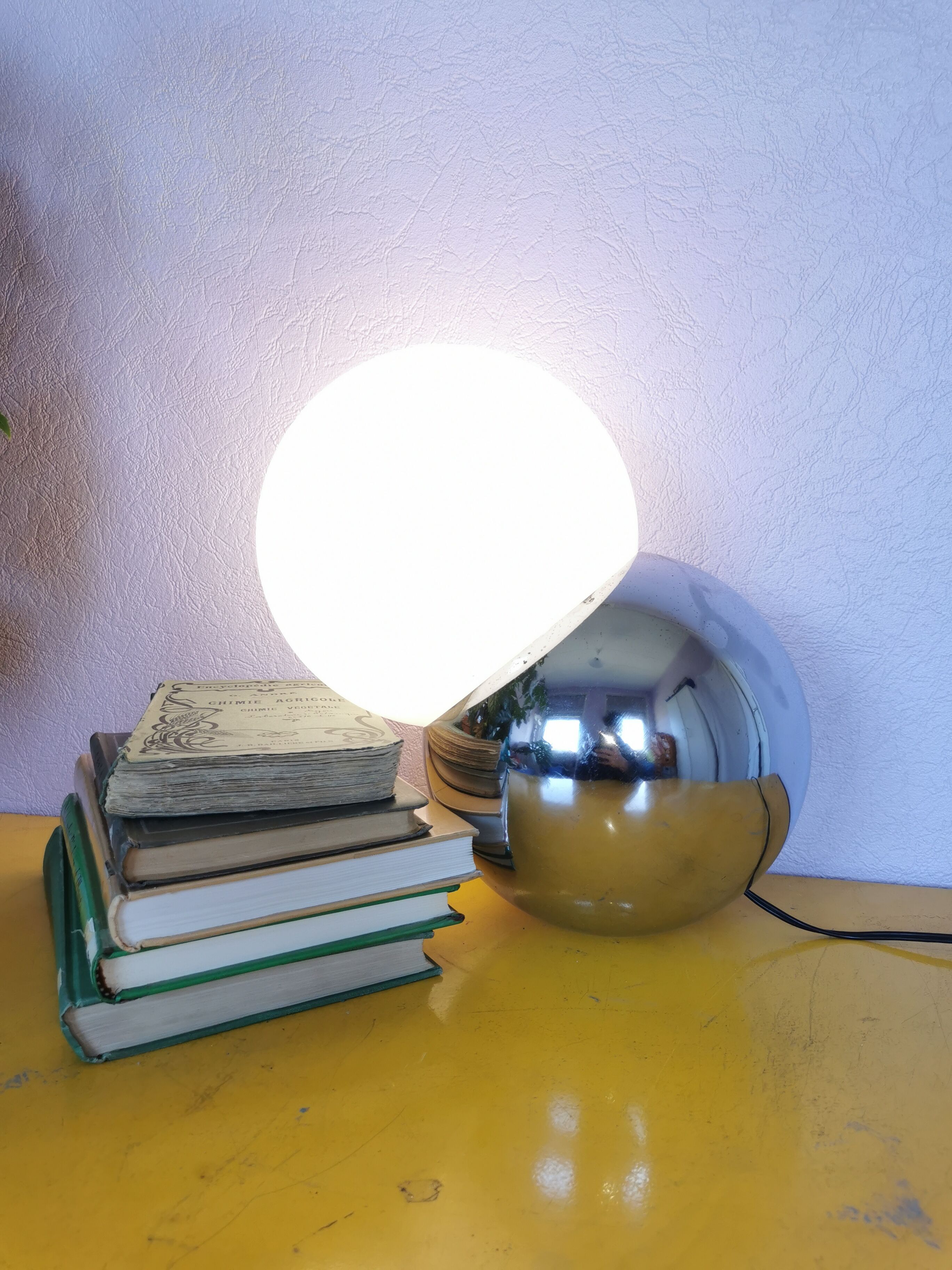 Lamp molecule, two balls, globe in opaline and stainless steel, 1970