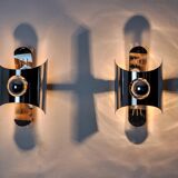Pair of space age wall lights, chromed metal, Italy, 1970