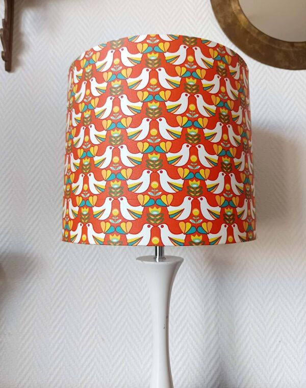 Lampe tulipe, abat-jour oiseaux orange, 1970