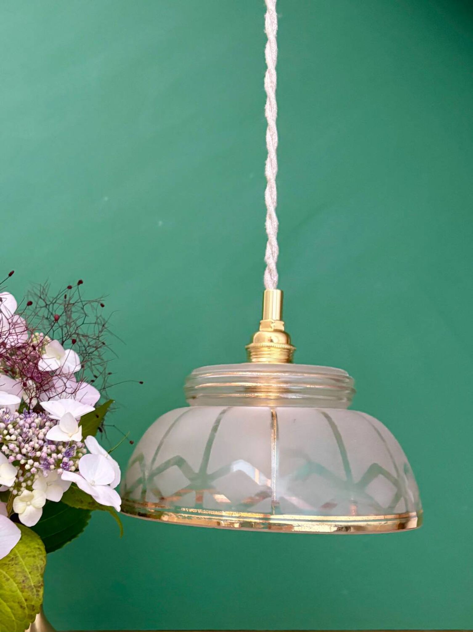 Vintage pendant lamp shade in white and gold frosted glass