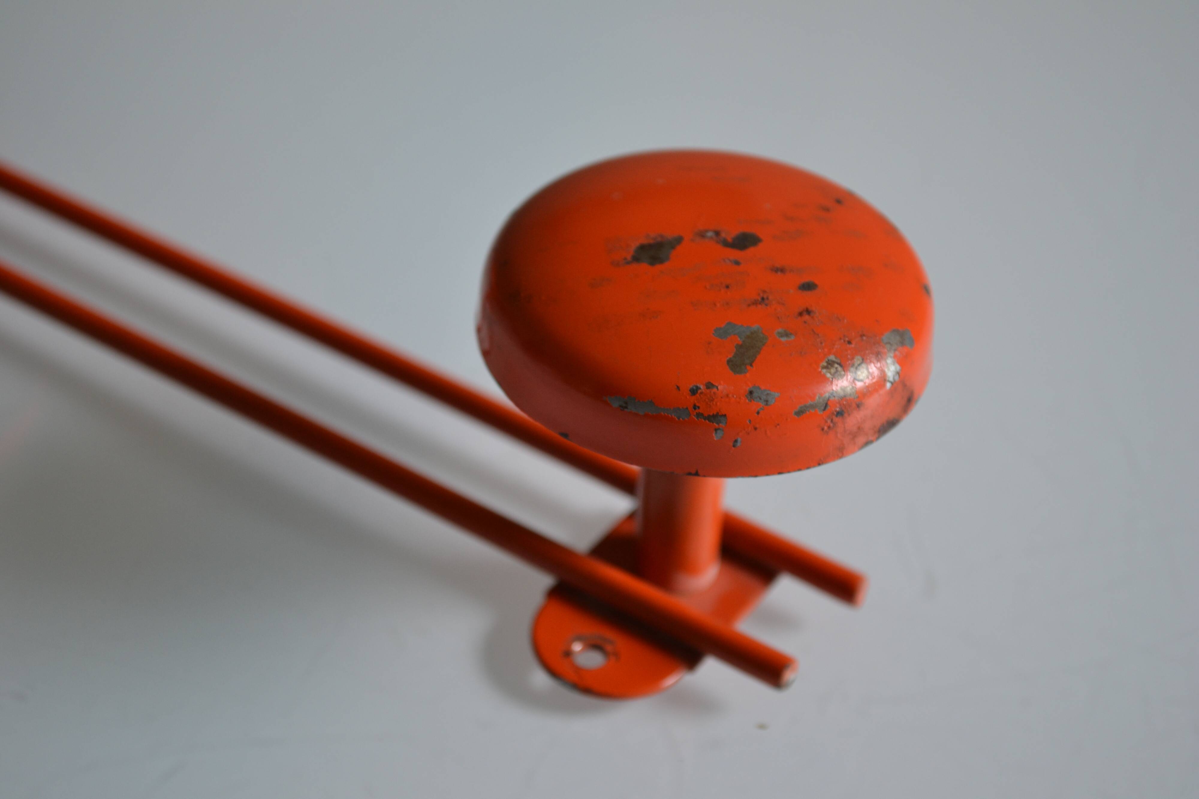 Vintage 70s orange lacquered metal 4-hook wall coat rack