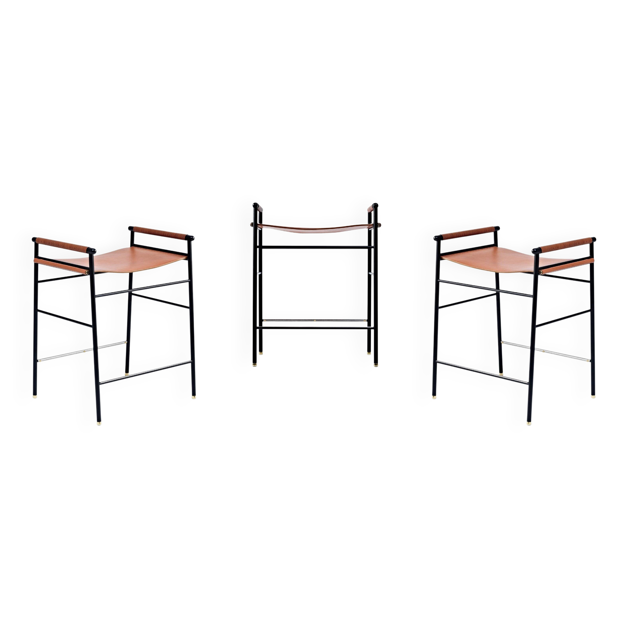 Set of 3 contemporary bar stools in natural brown leather and black rubber.