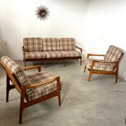 Lot armchairs and sofa 60 years Scandinavian design in vintage blond teak