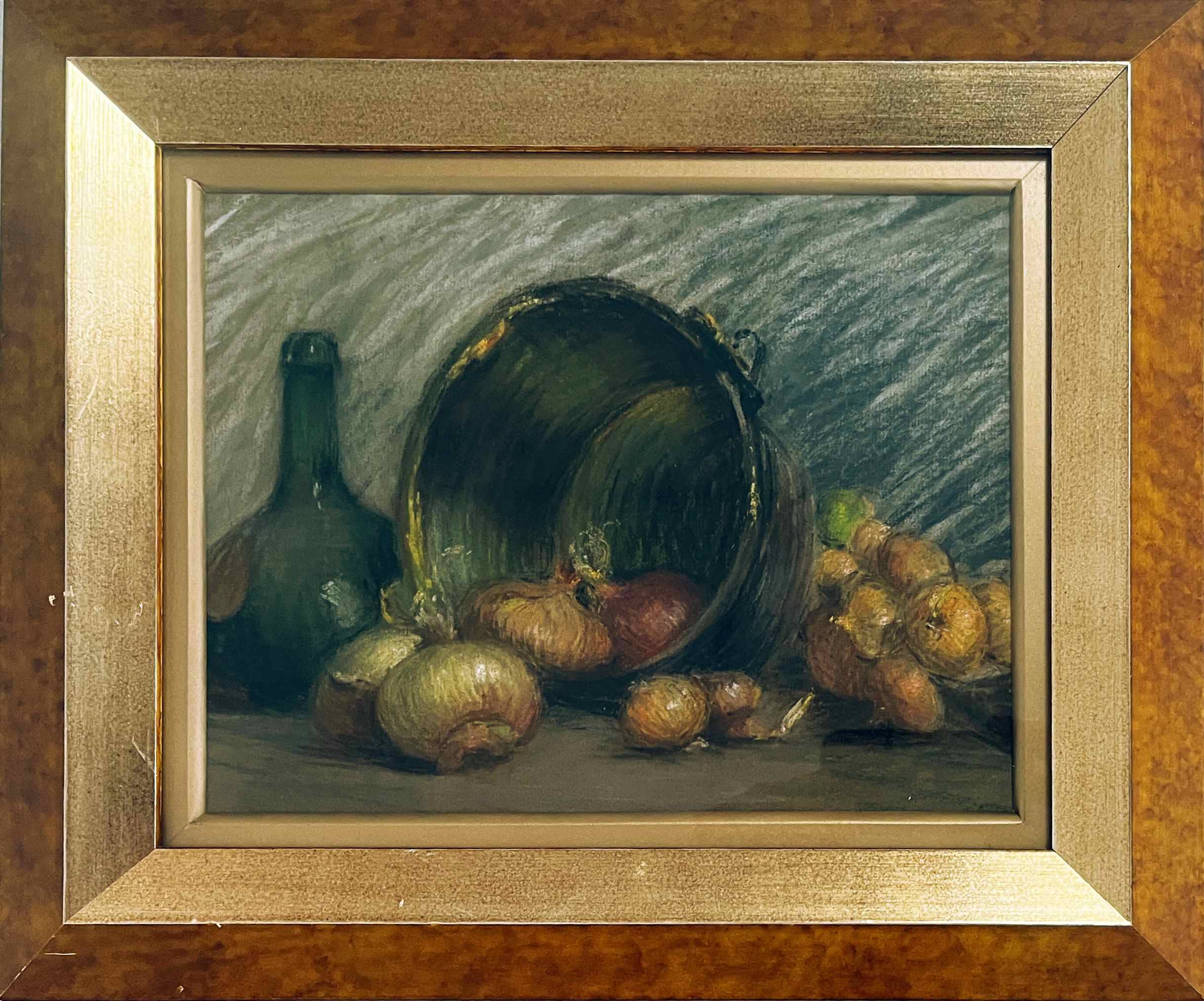 Pastel painting "Still life with onions and bottles" attr. Léonce Pellet