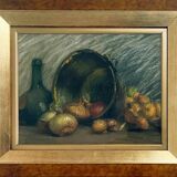 Pastel painting "Still life with onions and bottles" attr. Léonce Pellet