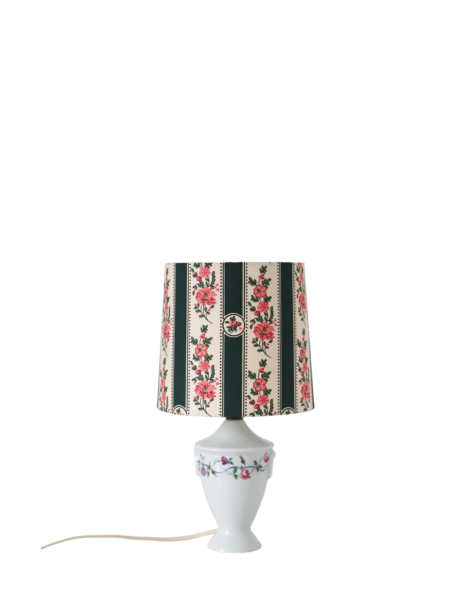 Small recycled vintage lamp — porcelain base, floral shade