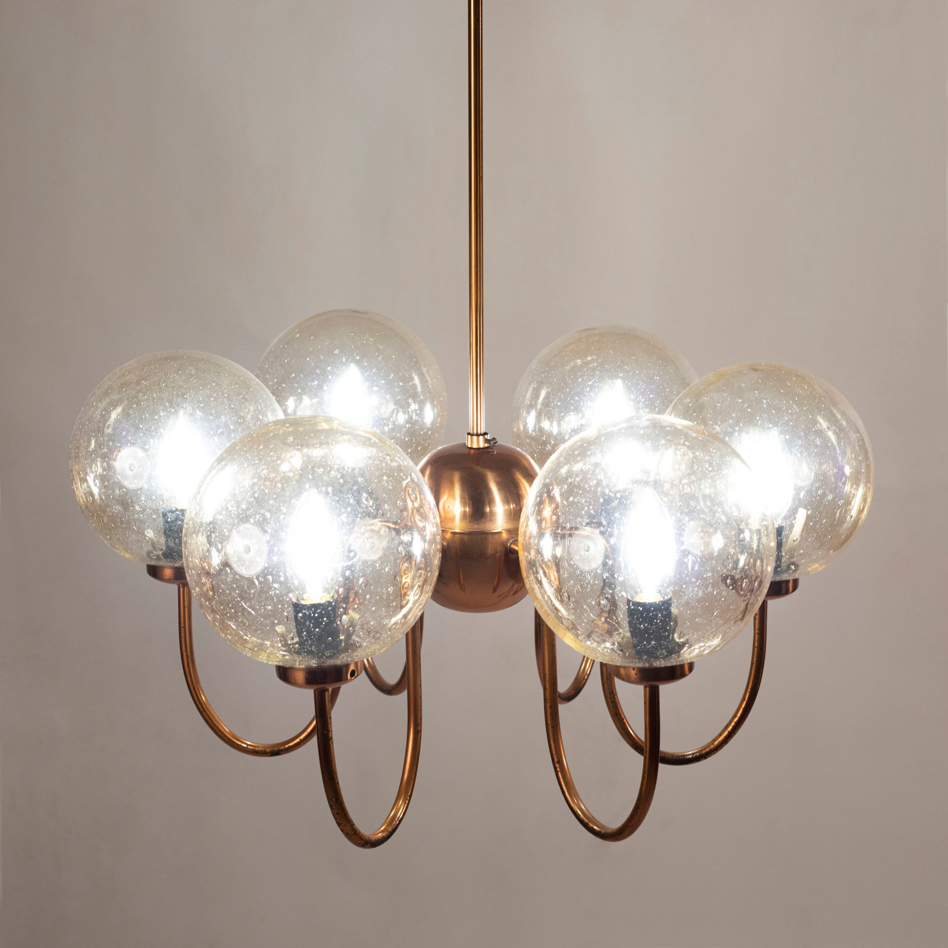 Chandelier in patinated copper and bubble glass produced by elmed, poland, 1970s