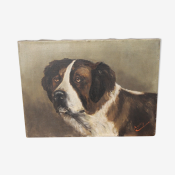 Old oil on canvas signed representing a Saint-Bernard