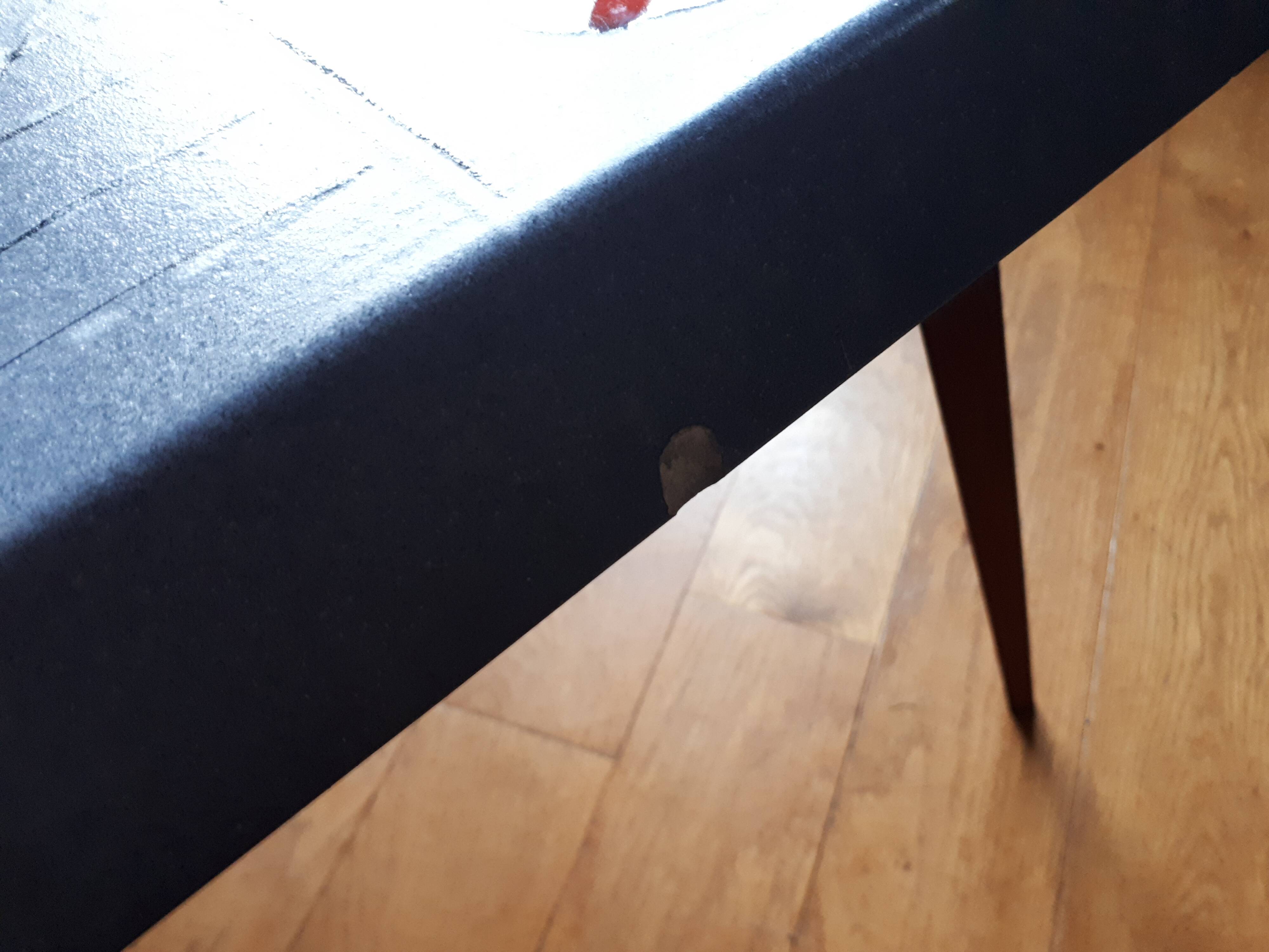 Small 1960s enamelled table, spindle legs, signed jd.