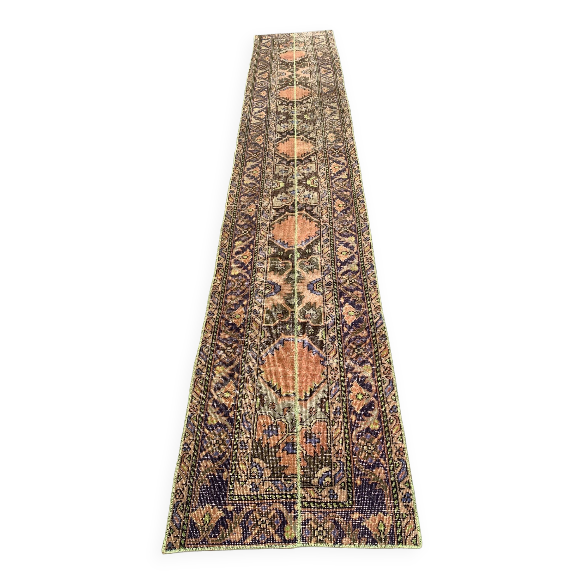 Distressed Turkish Narrow Runner 383x66 cm wool Vintage Tribal Rug