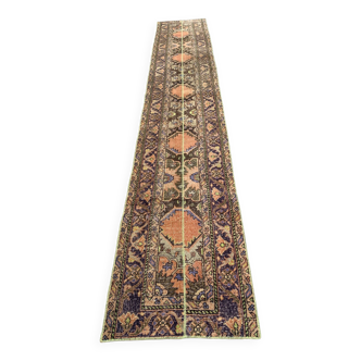 Distressed Turkish Narrow Runner 383x66 cm wool Vintage Tribal Rug