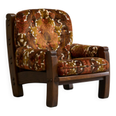 Brutalist lounge chair in solid oak and velvet from the 1960s.