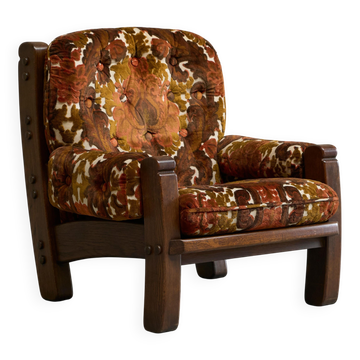 Fauteuil lounge brutaliste chêne massif et velours 1960