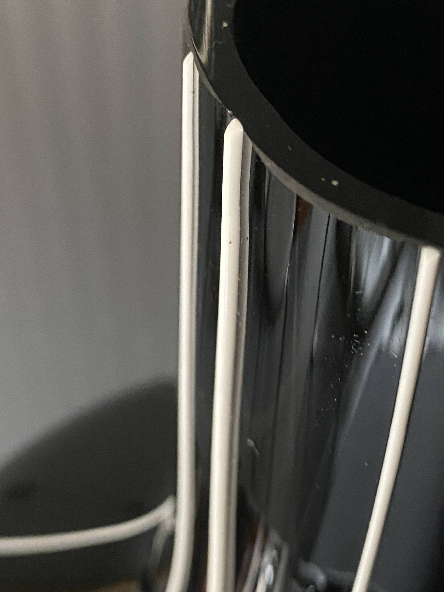 Black glass vase with white stripes, vintage 1950.