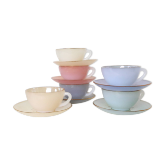 Ensemble de 6 tasses et sous tasses Arcopal gamme Arlequin, couleurs pastel, made in France