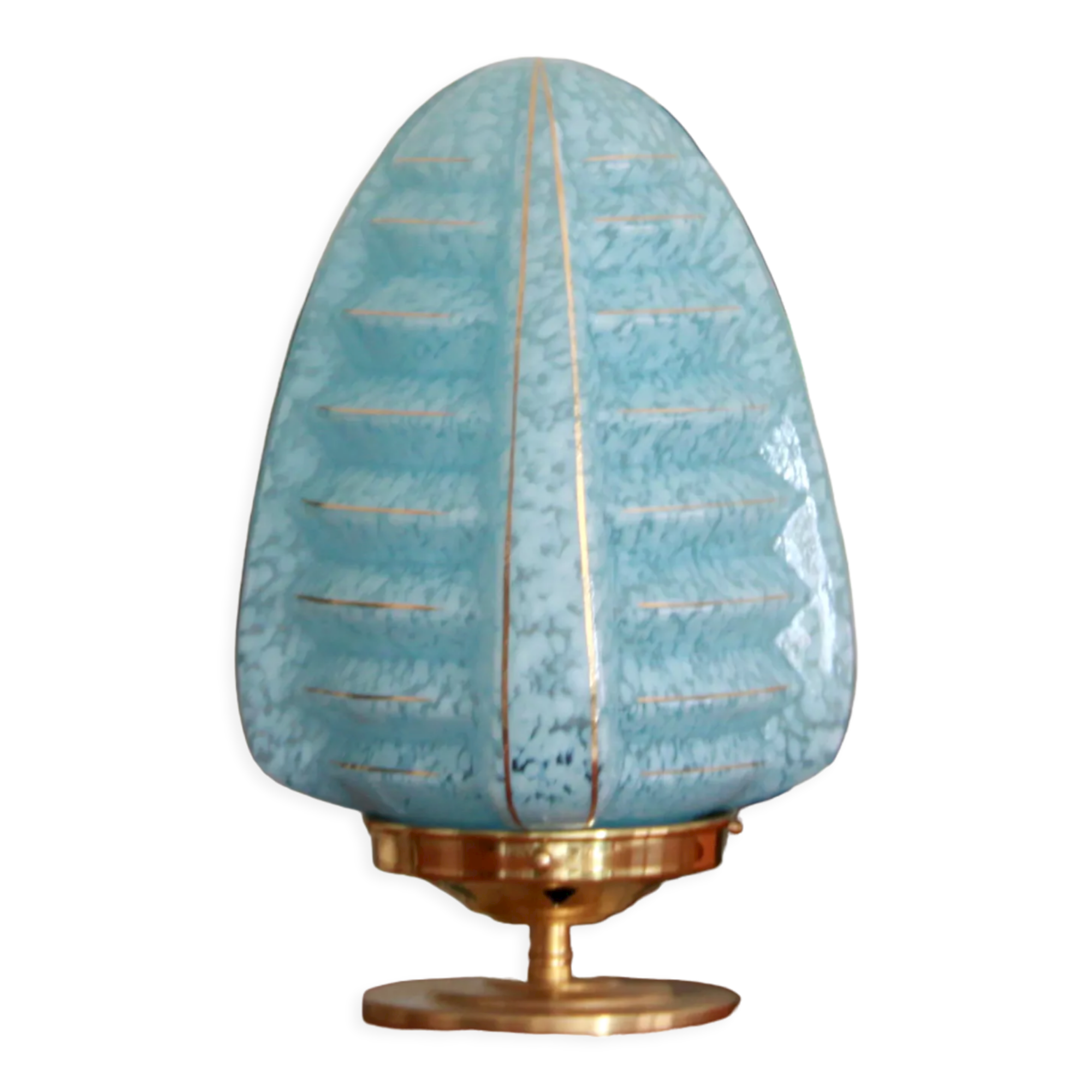 Lampe d'appoint globe ancien en verre Clichy beu moucheté et filets dorés skyscraper pied laiton