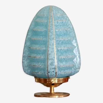 Lampe d'appoint globe ancien en verre Clichy beu moucheté et filets dorés skyscraper pied laiton