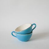 Pair of digoin sarreguemines cups textured sky blue and gold edging 1950