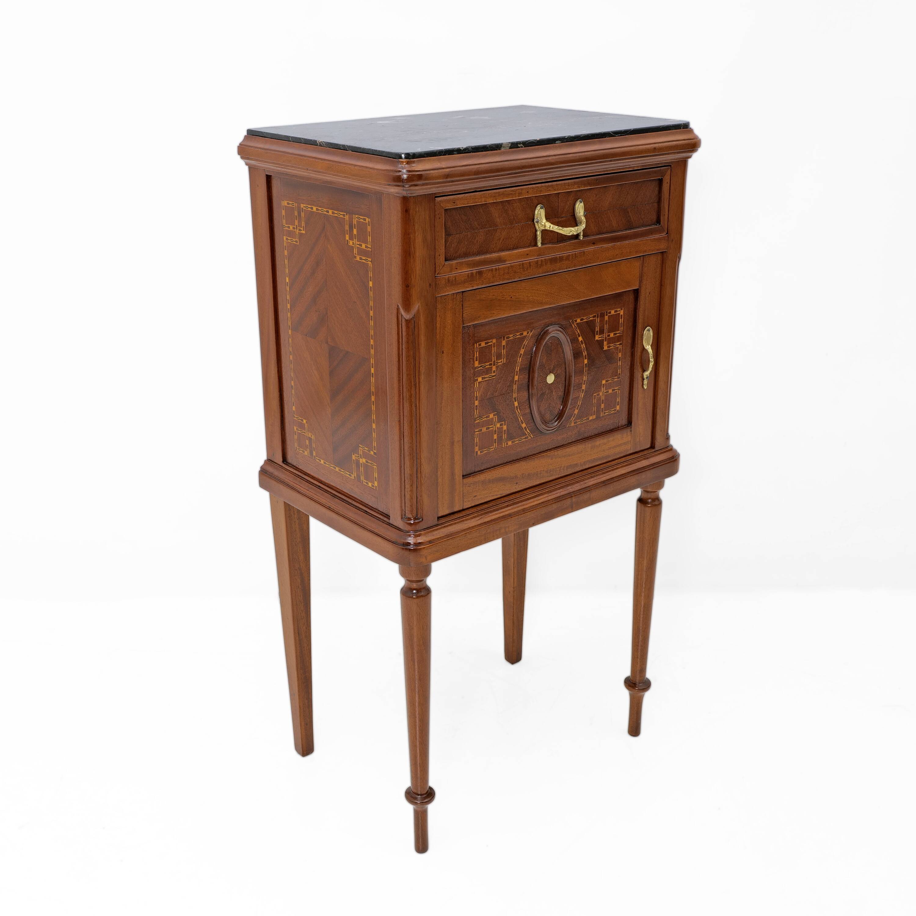 Pair of Louis XVI Style Bedside Tables with Inlays and Marble Top, Italy, 1
