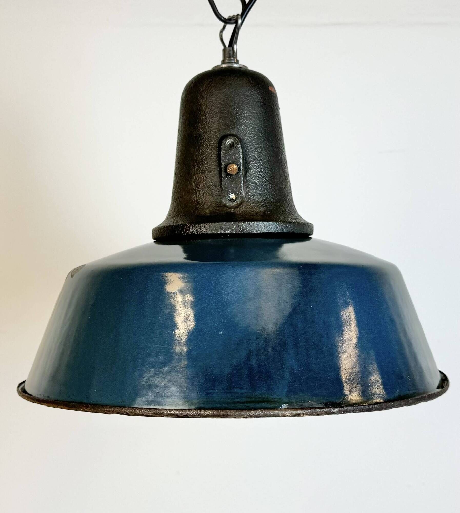 Industrial Blue Enamel Factory Lamp with Cast Iron Top, 1960s