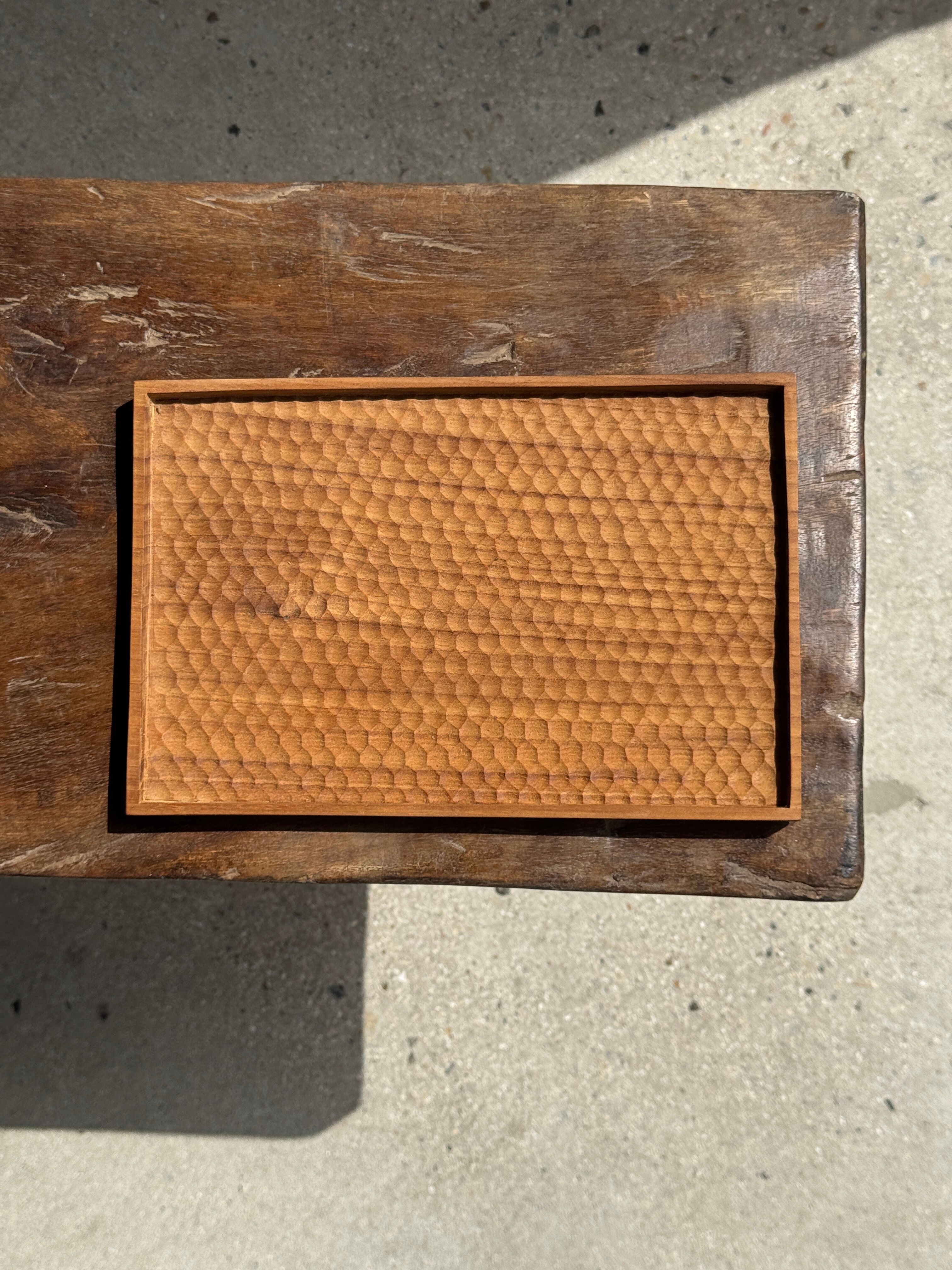 Rectangular solid teak plateau with carved edges 27x18.