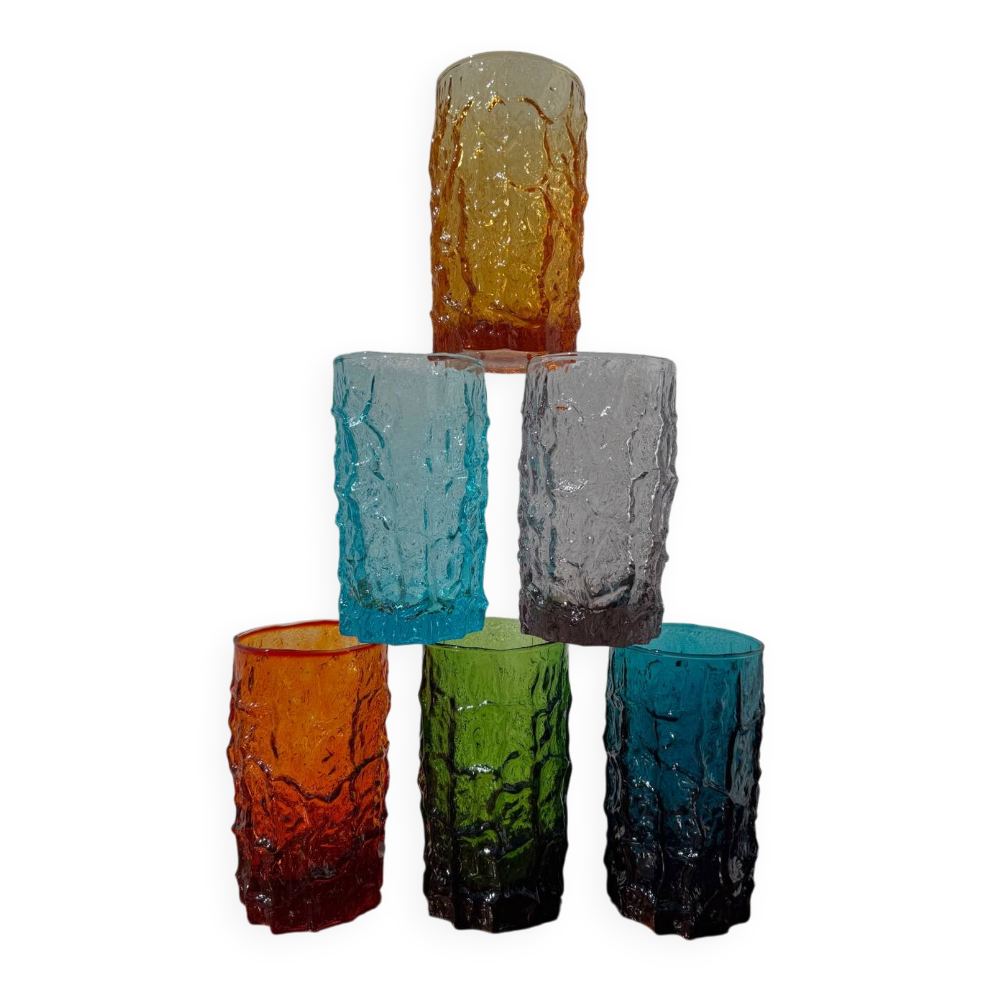 Large multicoloured glasses by Geoffrey Baxter from the 1960s.