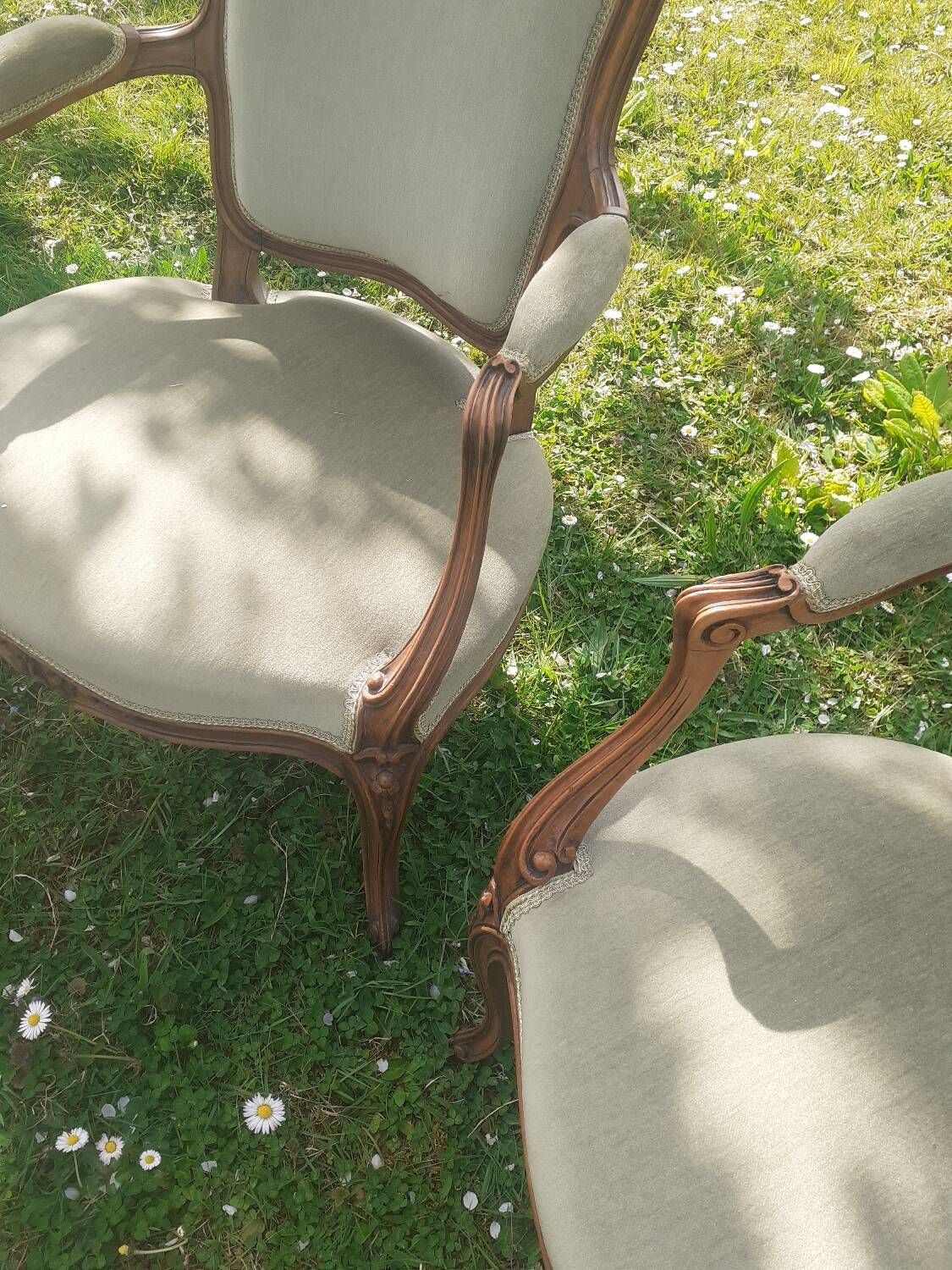 Pair of Rocaille style armchairs in green fabric and walnut, 19th century