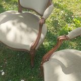 Pair of Rocaille style armchairs in green fabric and walnut, 19th century
