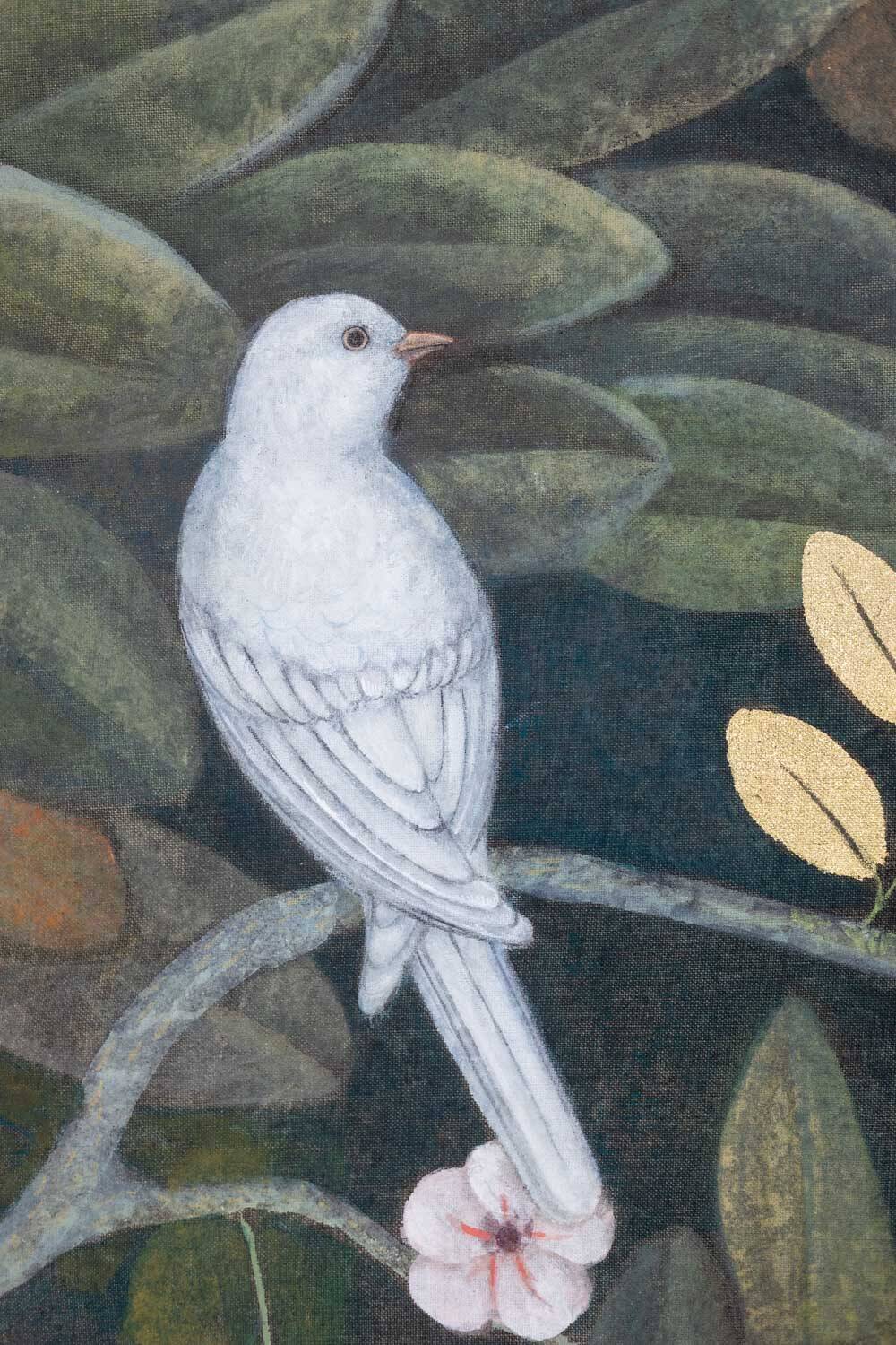 Painted canvas depicting a bird in a floral setting. Contemporary.