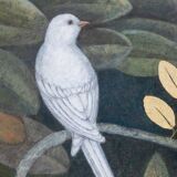 Painted canvas depicting a bird in a floral setting. Contemporary.