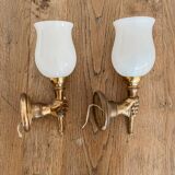 Set of 2 golden, bronze and brass torch wall lights