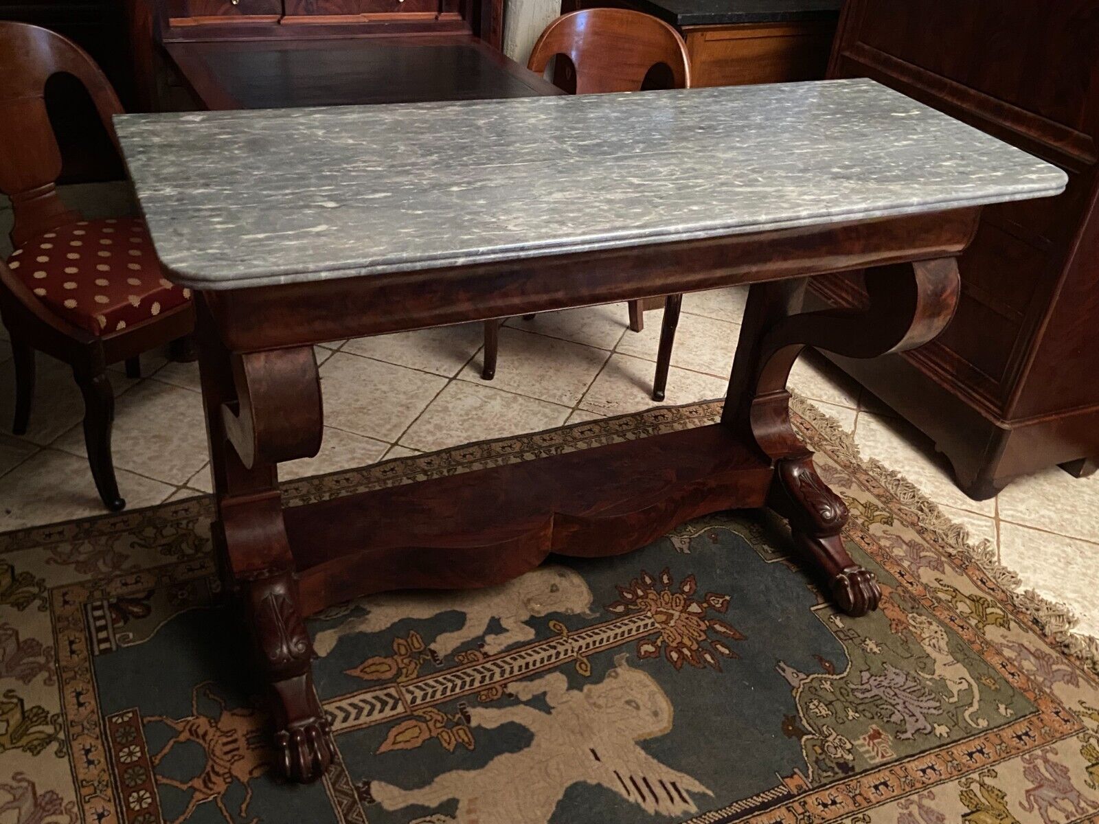 Console on legs claws to a drawer mahogany marble tray Restoration