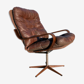 Armchair swivel vintage leather, wood and metal