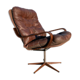 Armchair swivel vintage leather, wood and metal