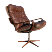 Armchair swivel vintage leather, wood and metal