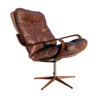 Armchair swivel vintage leather, wood and metal