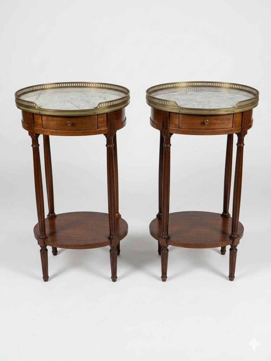 Pair of Louis XVI style bedside tables in mahogany, with marble tops.