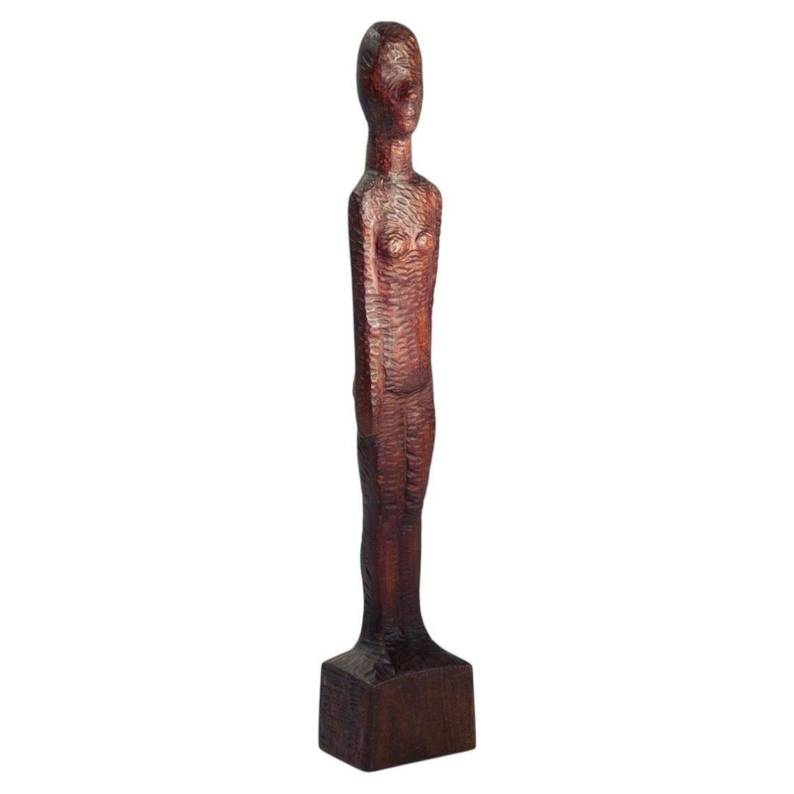 Dutch Brutalist carved wood sculpture of woman's figure, height 95cm, 1970s