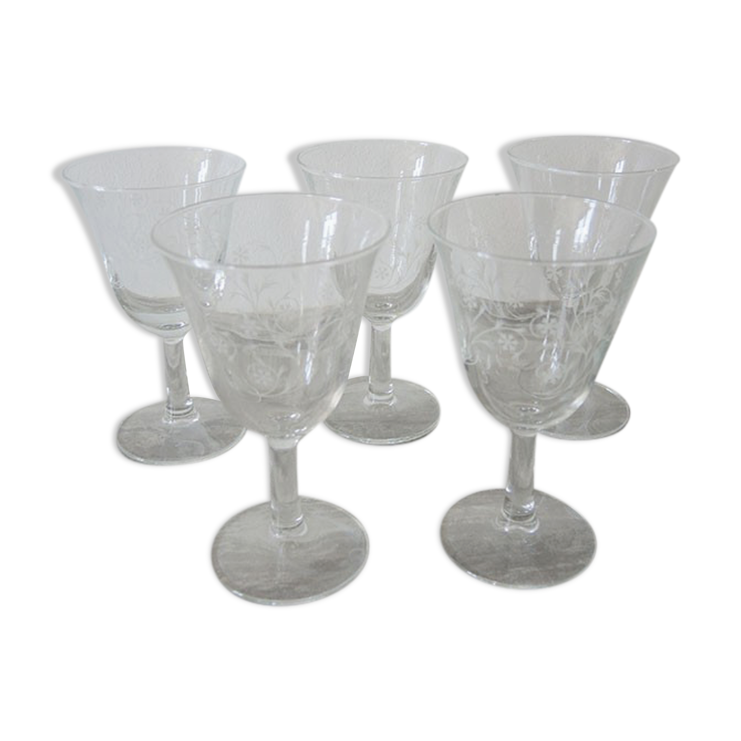 5 old transparent foot glasses – white floral pattern