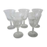 5 old transparent foot glasses – white floral pattern