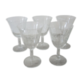 5 old transparent foot glasses – white floral pattern