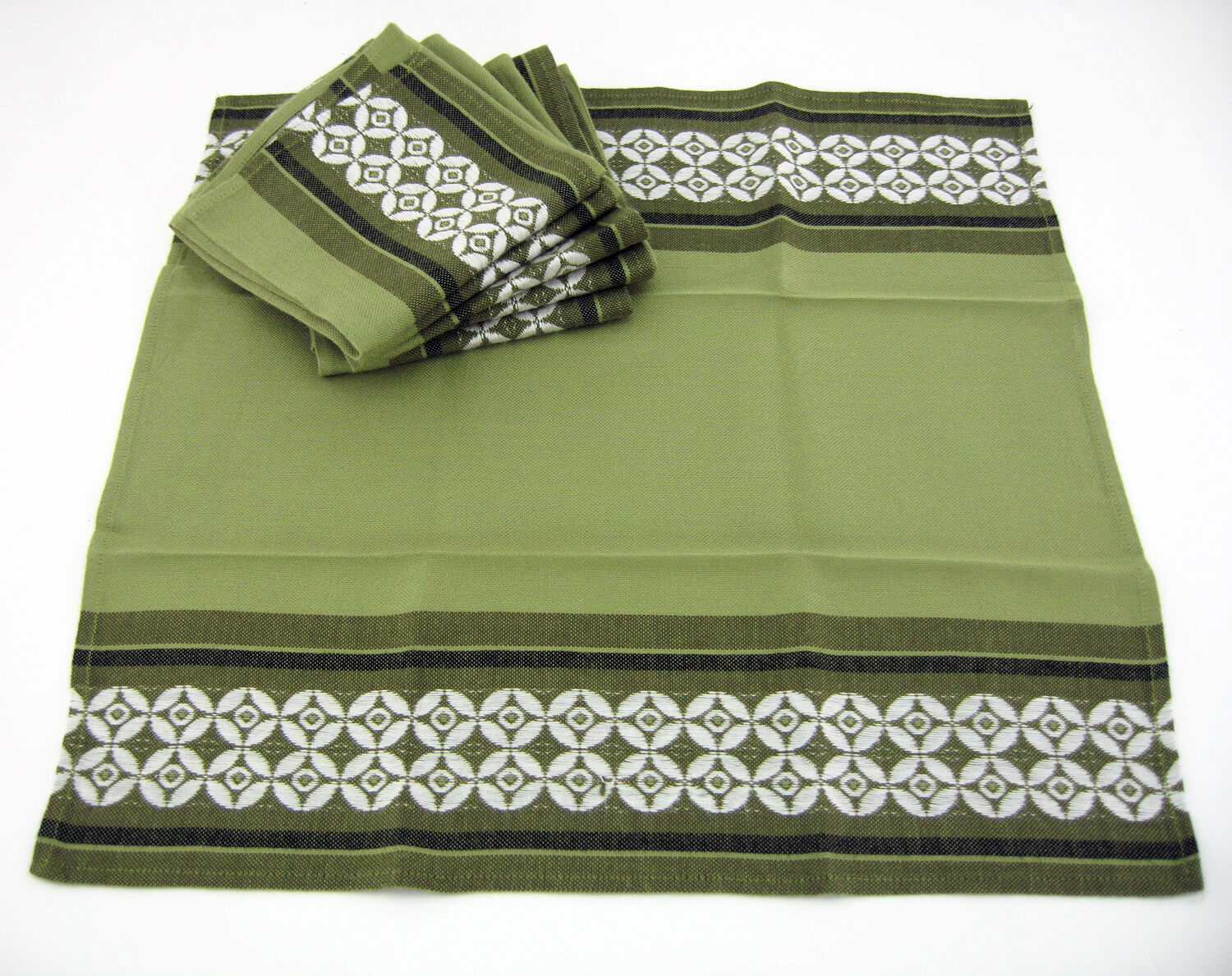 6 olive green Dralon napkins - white geometric patterns - vintage 60s