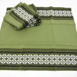 6 olive green Dralon napkins - white geometric patterns - vintage 60s