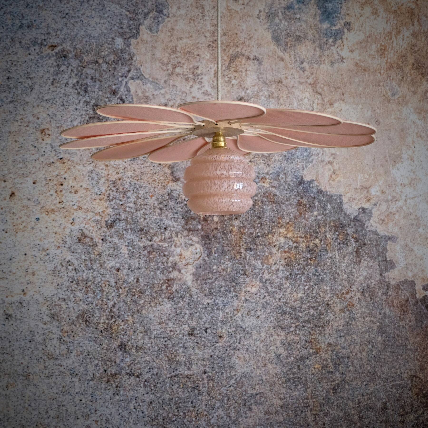 Rattan and Pink Linen Flower Pendant Light and Vintage Clichy Glass Globe