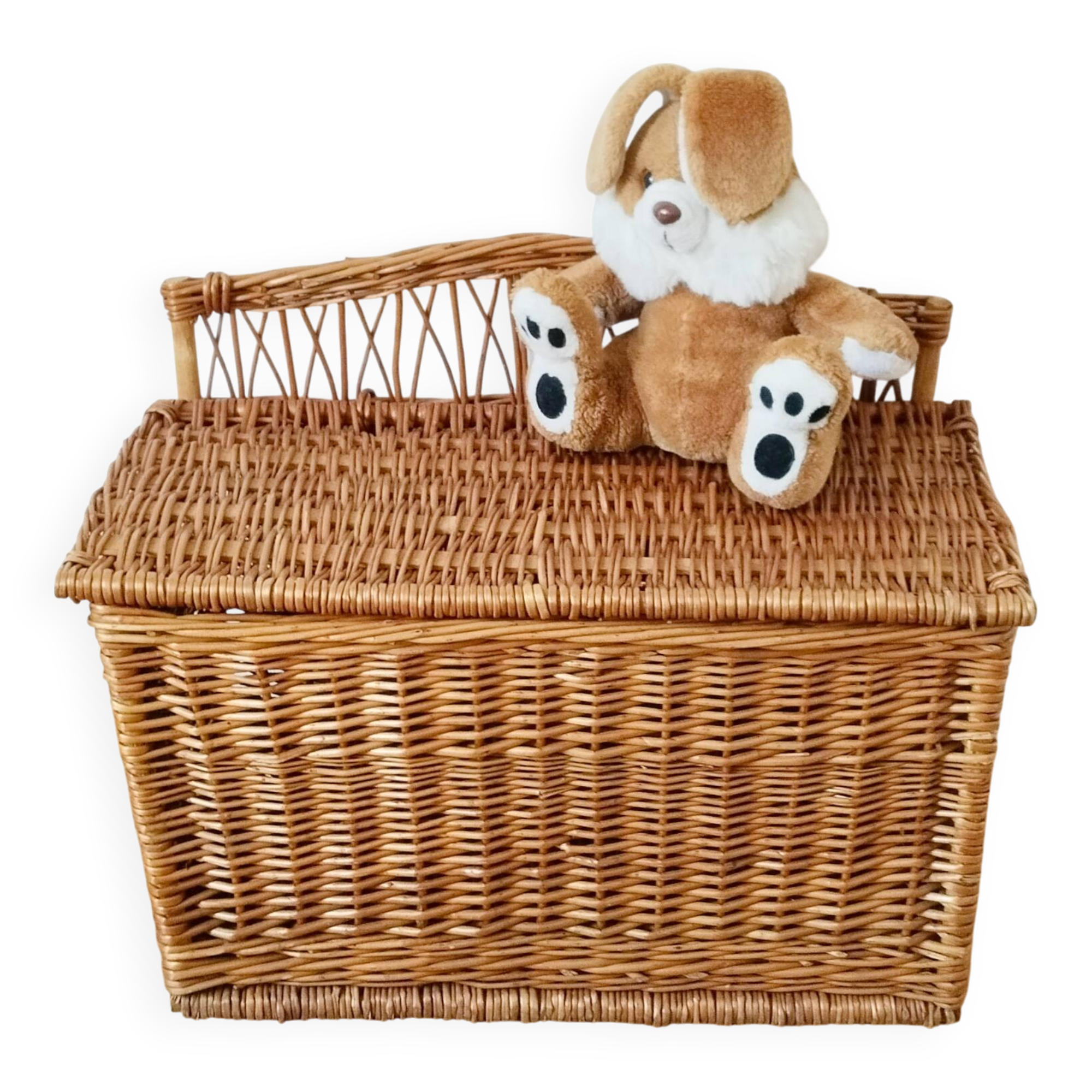 Antique rattan and wicker toy chest, bench, bed end
