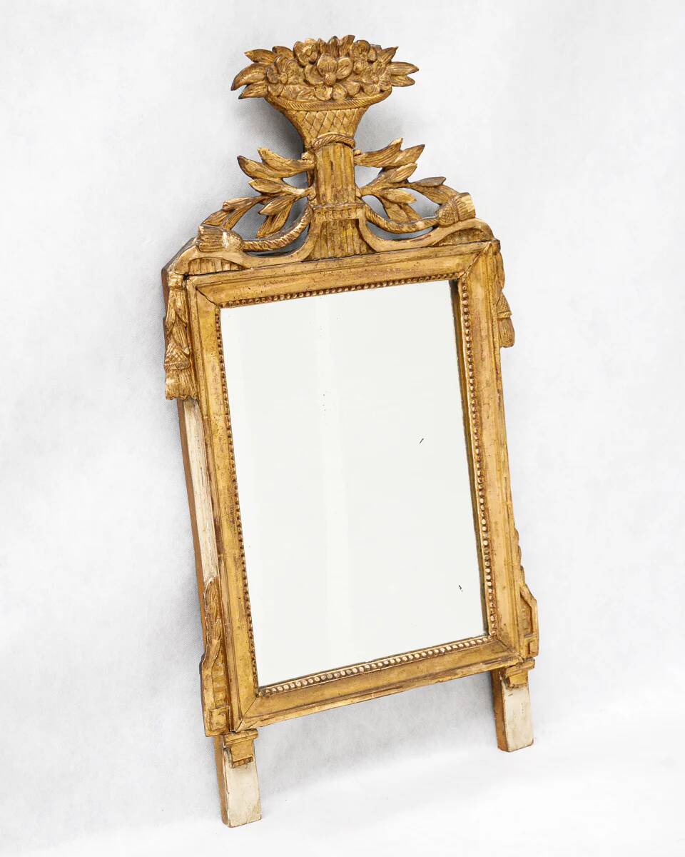 Small French Louis XVI marriage mirror with basket and tassels