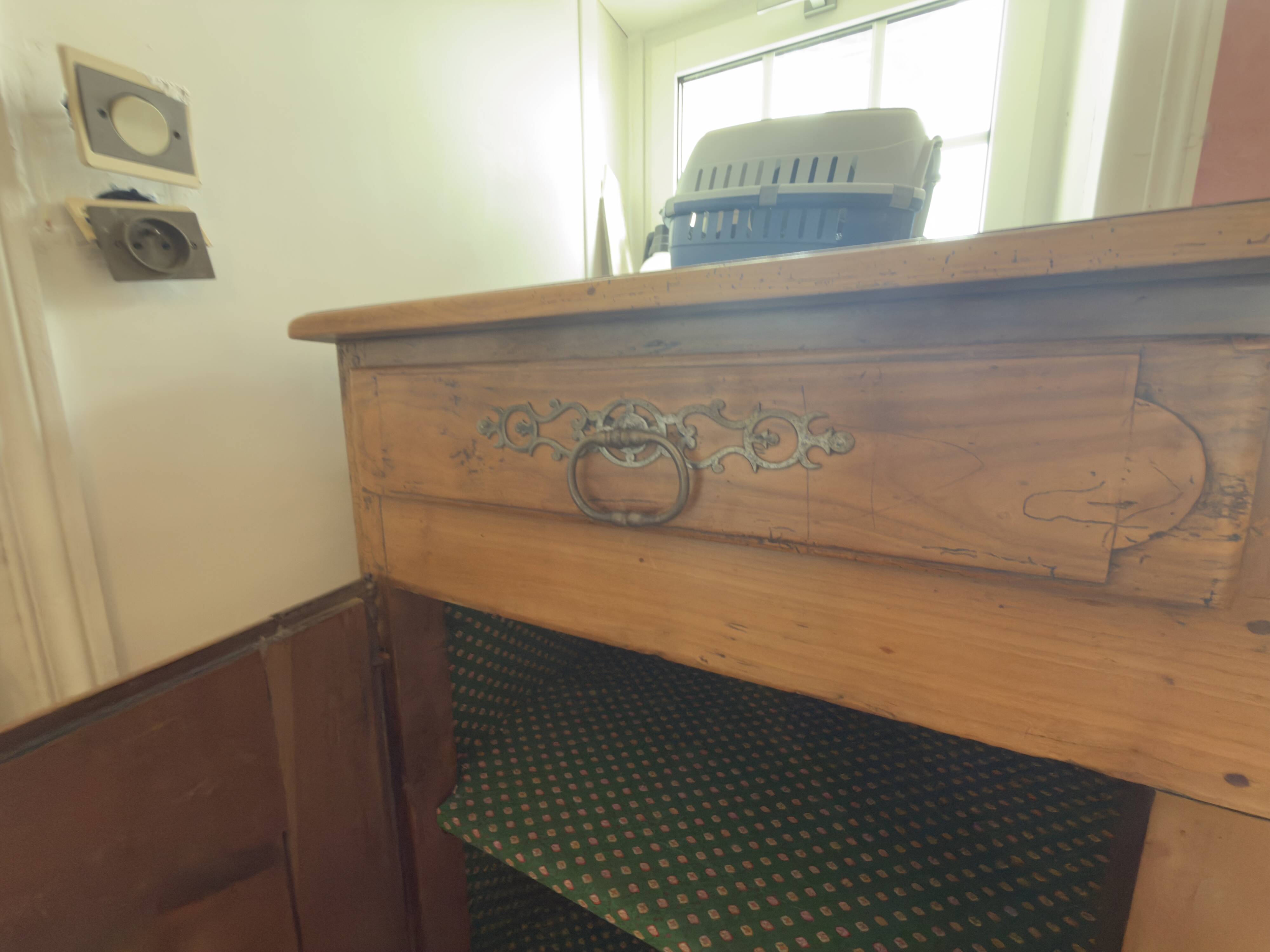 Very old, 2 doors, 2 drawers.